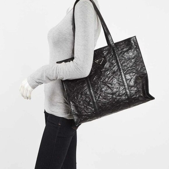 Prada Black Crinkle Nappa Leather Large Tote Bag - Picture 7 of 9